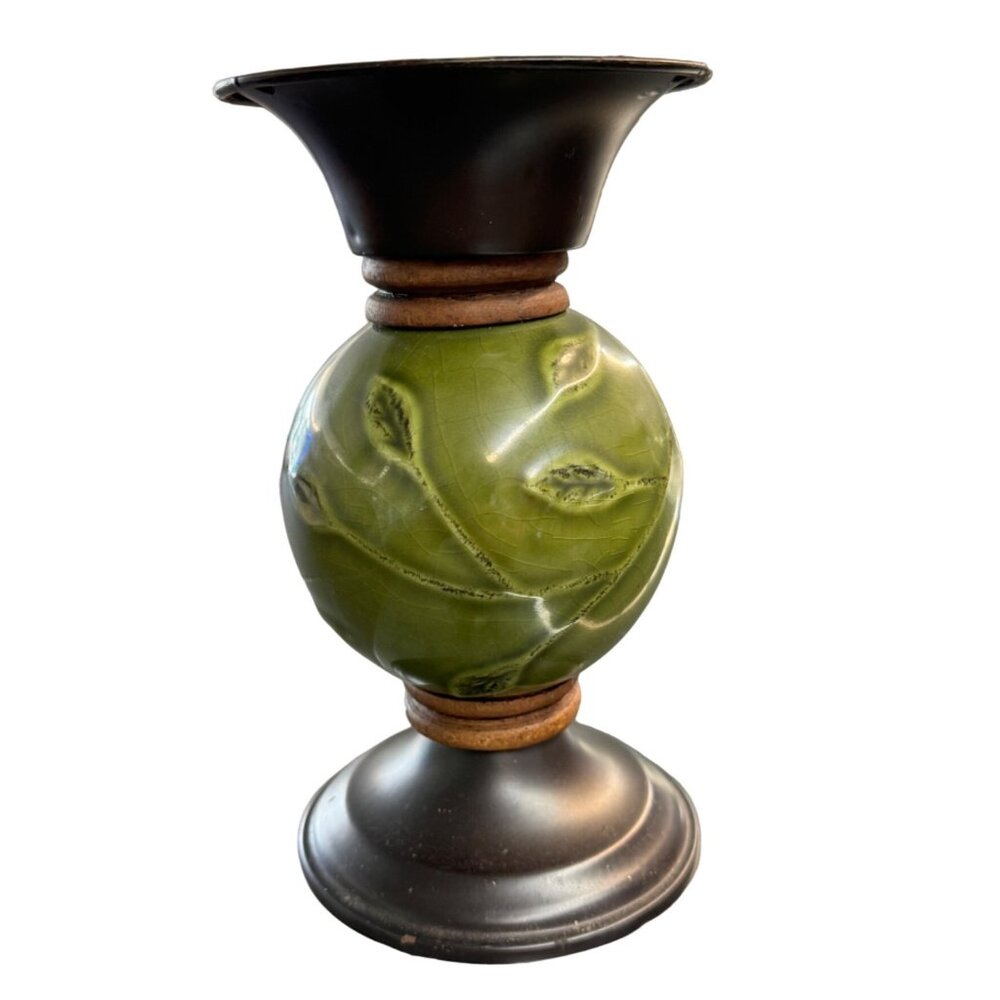 Vintage Ceramic & Metal Candle Holder Leaf Design - 7" Tall Retro Decor